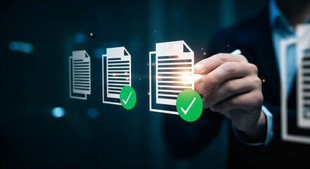 A businessman's hand uses a stylus to interact with a series of glowing digital document icons, each featuring a prominent green checkmark, indicating completion or approval.