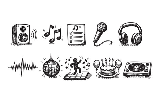 Hand-drawn sketch of party elements like music notes, microphone, headphones, disco ball, dancer, cake, turntable, speaker in black and white for events.