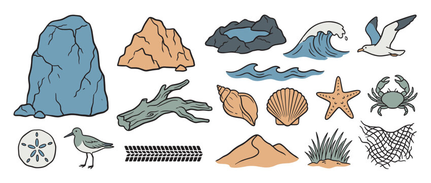 Collection of hand-drawn beach themed illustrations including a seagull, crab, starfish, shells, rocks, waves, and driftwood in a simple, cartoon vector style