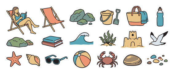 Set of colorful summer beach holiday elements including a deck chair, seagull, starfish, sunglasses, and sand toys in a cute, simple hand-drawn cartoon illustration style