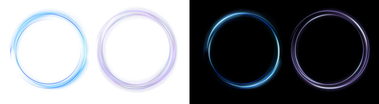 PNG image Collection of four vibrant, glowing circular light trails and neon rings with distinct digital effects on transparent background
