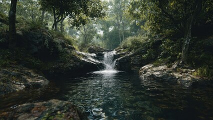Obraz premium Tranquil Waterfall in a Lush Forest