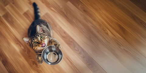 Poster of a cute hungry shorthaired cat begging for more food while holding an empty bowl in its paw, copy space about caring for adopted pets
