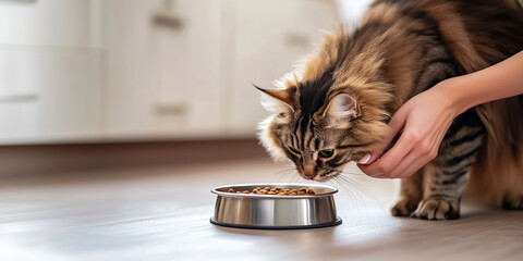 Fototapeta na wymiar banner promoting caring for adopted cats, woman gently pets and feeds a Maine Coon cat in a kitchen at home