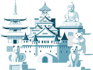 Flat Vector Illustration of Snow Castle and Buddha Sculpture at Sapporo Snow Festival, Cultural Winter Art in Japan