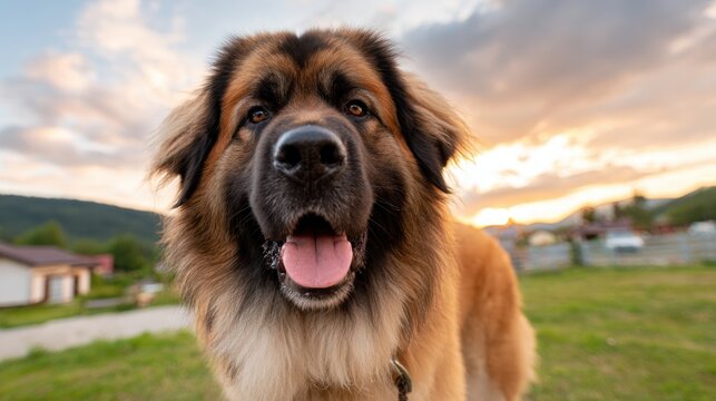Happy fluffy dog at sunset