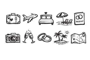 Hand drawn style illustration of wedding destination travel icons arranged, perfect for wedding invitations and honeymoon planning content.