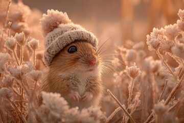 Cute small mouse wearing a knit hat in frozen flower field  