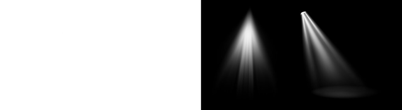 PNG image collection of four distinct white spotlight beam designs illustrating various illumination angles and projections on transparent background