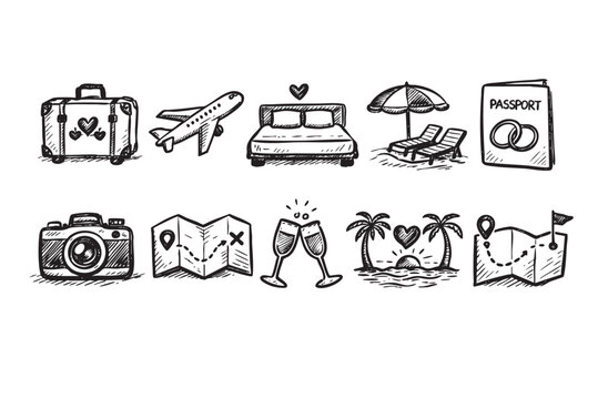 Hand-drawn style doodle vacation icons include luggage, airplane, bed, passport, drinks, camera, beach chair, palm trees, map, symbolizing travel, romance, and leisure.