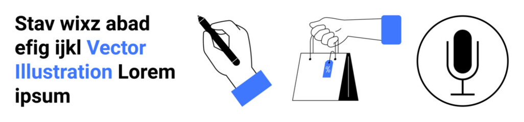 Naklejka premium Communication, e-commerce, shopping, content creation, marketing, design. Handwriting, a shopping bag with a tag and a microphone. Communication and e-commerce conceptual design