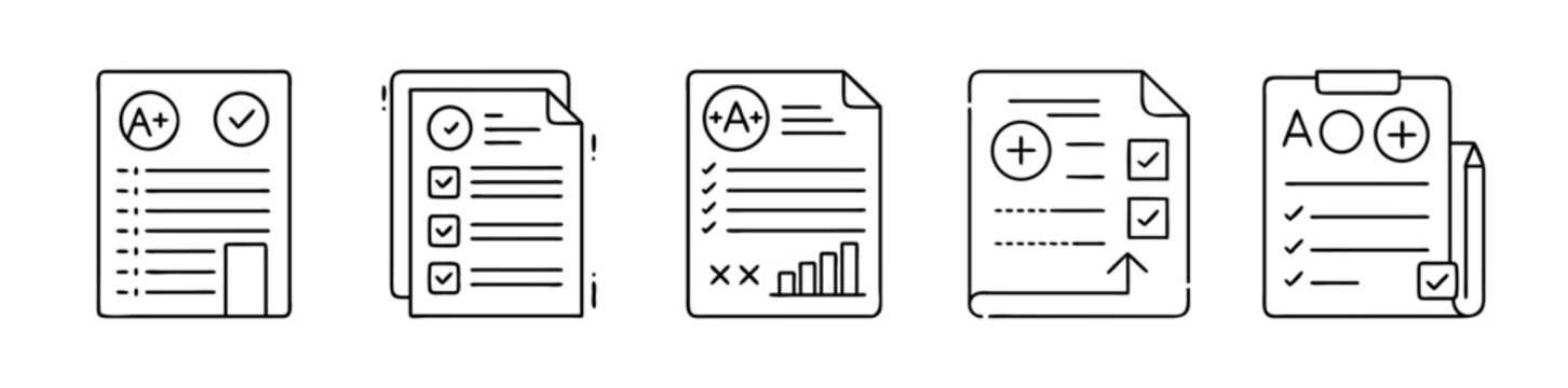 Assessment, checklist, grade, and report document line icons