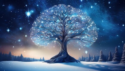 mystical snowy night with towering intricate tree under a starry sky