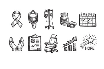 Hand drawn black and white illustrations depicting cancer awareness, treatment, hope, progress, and support on a white background, suitable for medical and awareness campaigns.