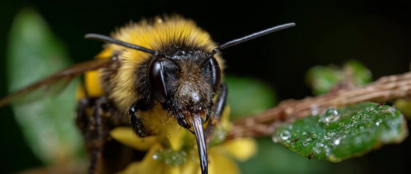 A detailed close-up of a bee collecting nectar from a flower.