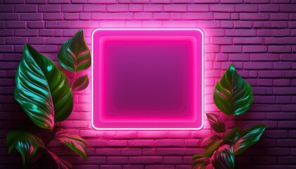 pink neon square and green leaves on brick wall