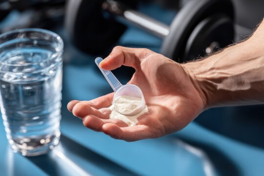 Athlete preparing creatine supplement with water and dumbbell nearby