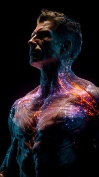 Powerful and athletic male android showcasing a futuristic anatomy with glowing nerve pathways, representing advanced artificial intelligence, machine learning, and human enhancement concepts
