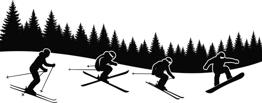 Winter mountain sport silhouettes with skiers and snowboarder performing dynamic actions in snowy landscape against pine forest background, vector illustration