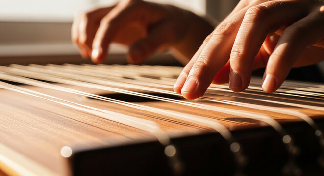 Close Up Hands Playing Traditional Stringed Wooden Instrument in Warm Sunlight