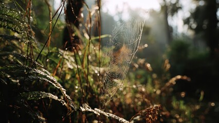 Dew-Kissed Spiderweb in Forest