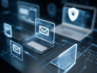 Professional visualization of online fraud detection and phishing prevention systems, highlighting secure digital communications