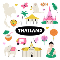 Thailand Travel Icons Set with Cultural Landmarks, Animals and Food. Cute Flat Vector Illustration