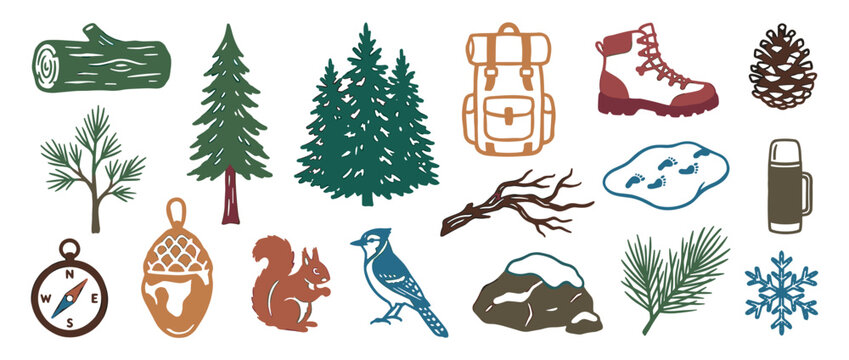 Collection of hand-drawn hiking and nature illustrations including a backpack, compass, pine trees, and a squirrel in a rustic, block print style for outdoor adventure themes