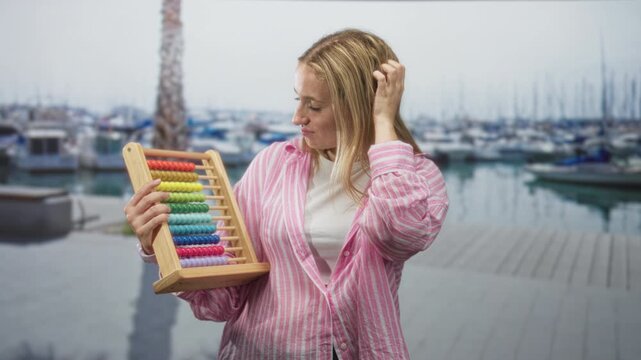 Woman wearing pink striped shirt holding abacus with fingers on beads and hand to hair at a marina dock, looking at beads; thoughtful learning.