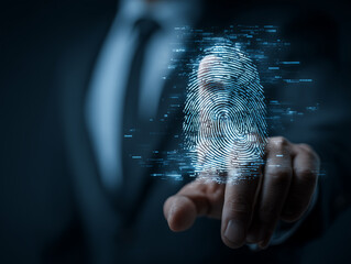 Business security concept featuring a man in a suit pointing toward the viewer, with a digital fingerprint illustration
