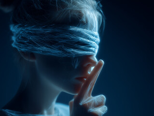 Girl with Blindfold Making "Silence" Gesture for Cybersecurity