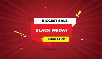 biggest black friday sale intro price web banner vector art template design badge icon label red gradient white yellow shapes black bold text dark red light sun shine abstract business background prom