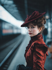 Nostalgic book illustration depicting a woman in Victorian-era attire standing on a railway station