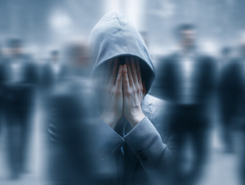 Conceptual photograph depicting depression and loneliness, showing a person hiding their face with their hands while standing in a blurred