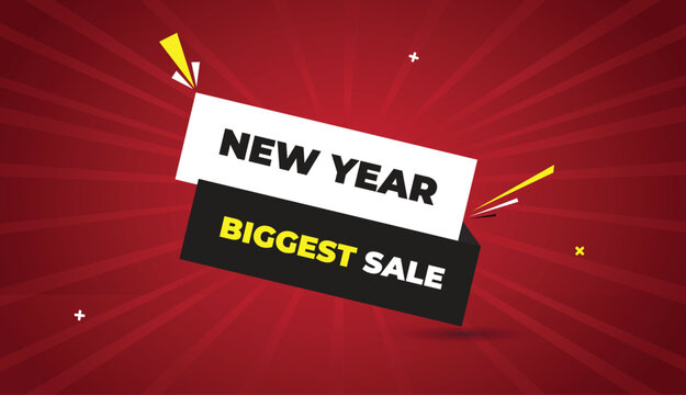 Biggest Sale New Year Web Banner Vector Art Template Design Badge Icon Label White Black Gray Shapes Yellow Bold Text Dark Red Light Sun Shine Abstract Business Background Modern Creative Promotion