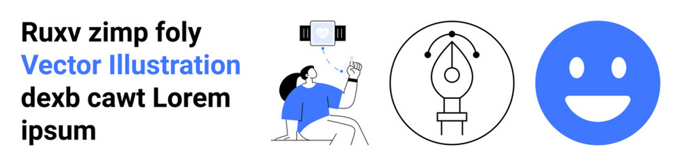 Fototapeta premium Graphic design, technology education, multimedia tools, digital creativity, web design, social media icons. A graphic designer, pen tool icon and a blue smiling emotion. Graphic design