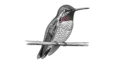 Obraz premium Hummingbird perched on branch, detailed black and white etching of a small bird