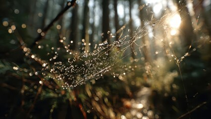 Spiderweb glistening with dewdrops
