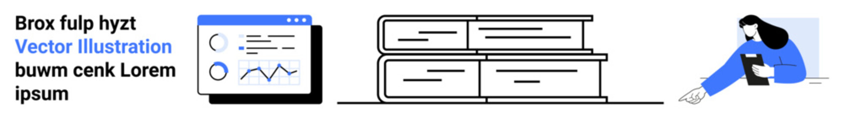 Data analysis, education platforms, research, digital learning, productivity tools, academic exploration. A graph interface, stacked books person holding a device. Data analysis and education