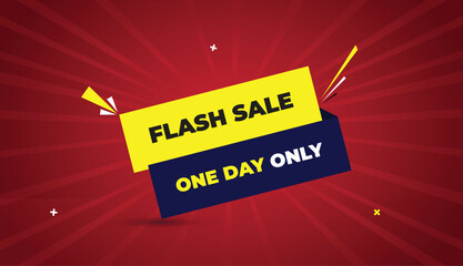 flash sale one day only web banner vector art template design badge icon label yellow deep blue shapes white bold text dark red light sun shine abstract business background creative modern promotional