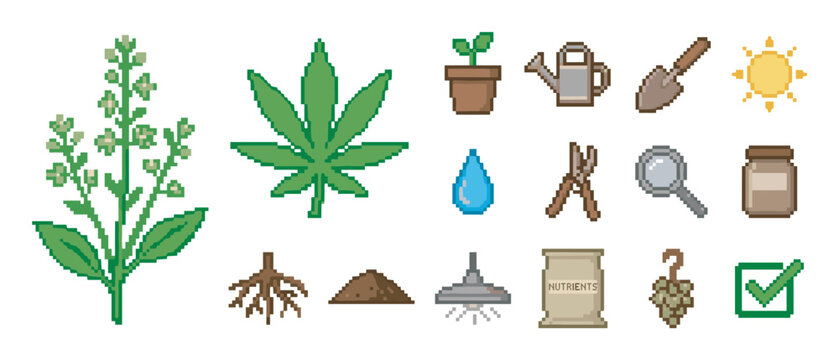 Pixel art icon set of cannabis cultivation showing the growing process with tools, nutrients, and harvesting elements in a retro 8-bit video game style illustration collection