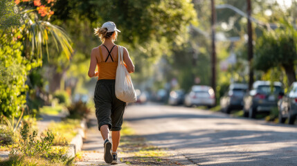 Obraz premium Woman walking in a sunny neighborhood