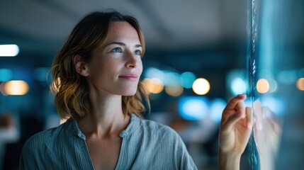 Woman interacting with digital interface in modern office