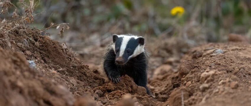 A badger peeks out from its burrow, exploring its surroundings.