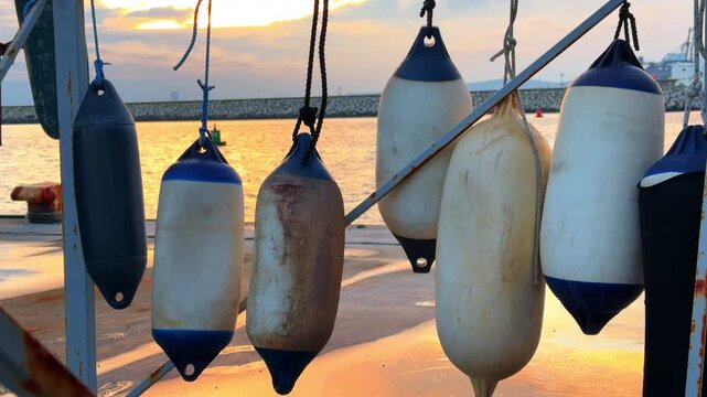 Floating buoys hanging on a boat at sunset near the harbor. Buoys are hanging on a boat next to the water during sunset in a harbor setting.