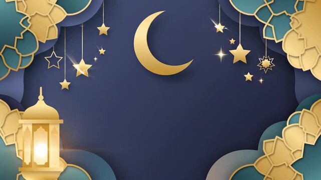 Elegant Islamic Ramadan Kareem and Eid Mubarak greeting background featuring a gold paper cut crescent moon and hanging stars over a dark blue sky with layered paper clouds for celebration.