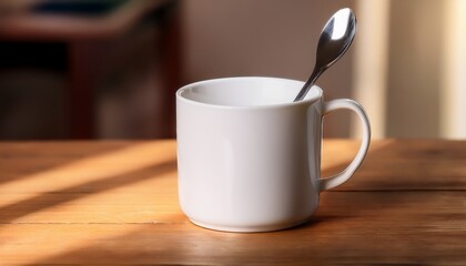 Fototapeta premium empty white ceramic mug with metal spoon on wooden table in soft interior lighting