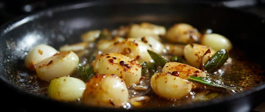 Golden, sizzling onions and garlic creating a savory aroma.