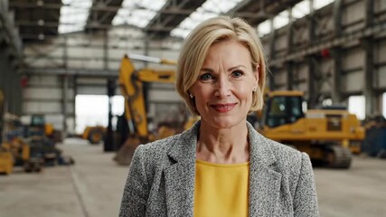 Confident Mature Female Engineer Smiling in Heavy Machinery Assembly Factory