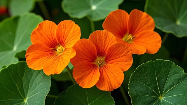 Vibrant Orange Nasturtium Flowers Blooming with Lush Green Leaves